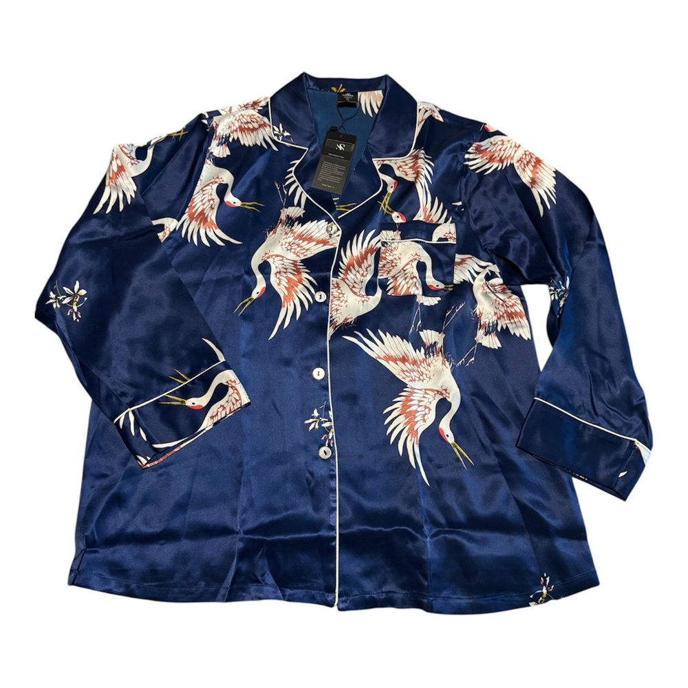 SILK SILKY Navy Silk Crane Print Pajama Set Long Sleeve Shirt Pants Size XL NWT - Picture 5 of 10